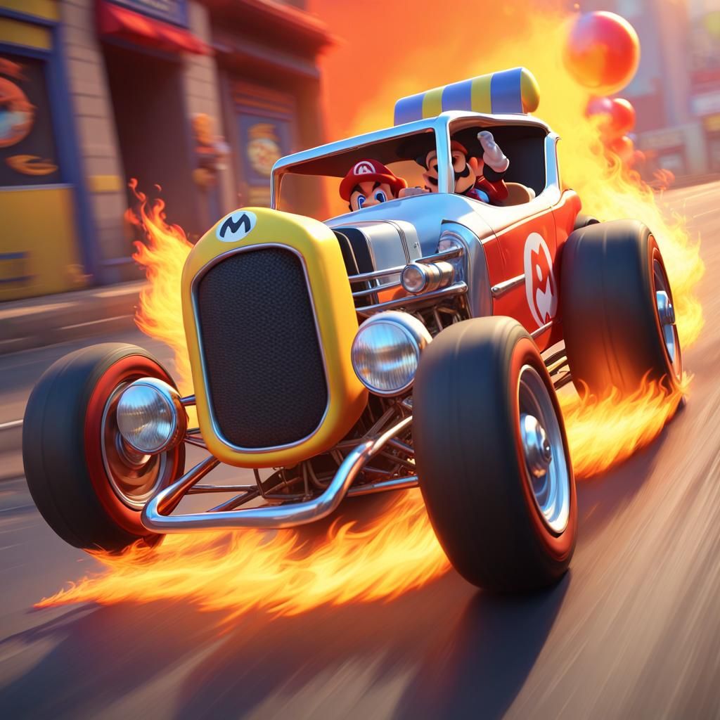 Mario kart hot rod ,hot rod doing wheelie and flames left on road from the big back tires,sharp imagery ...  by @cam
