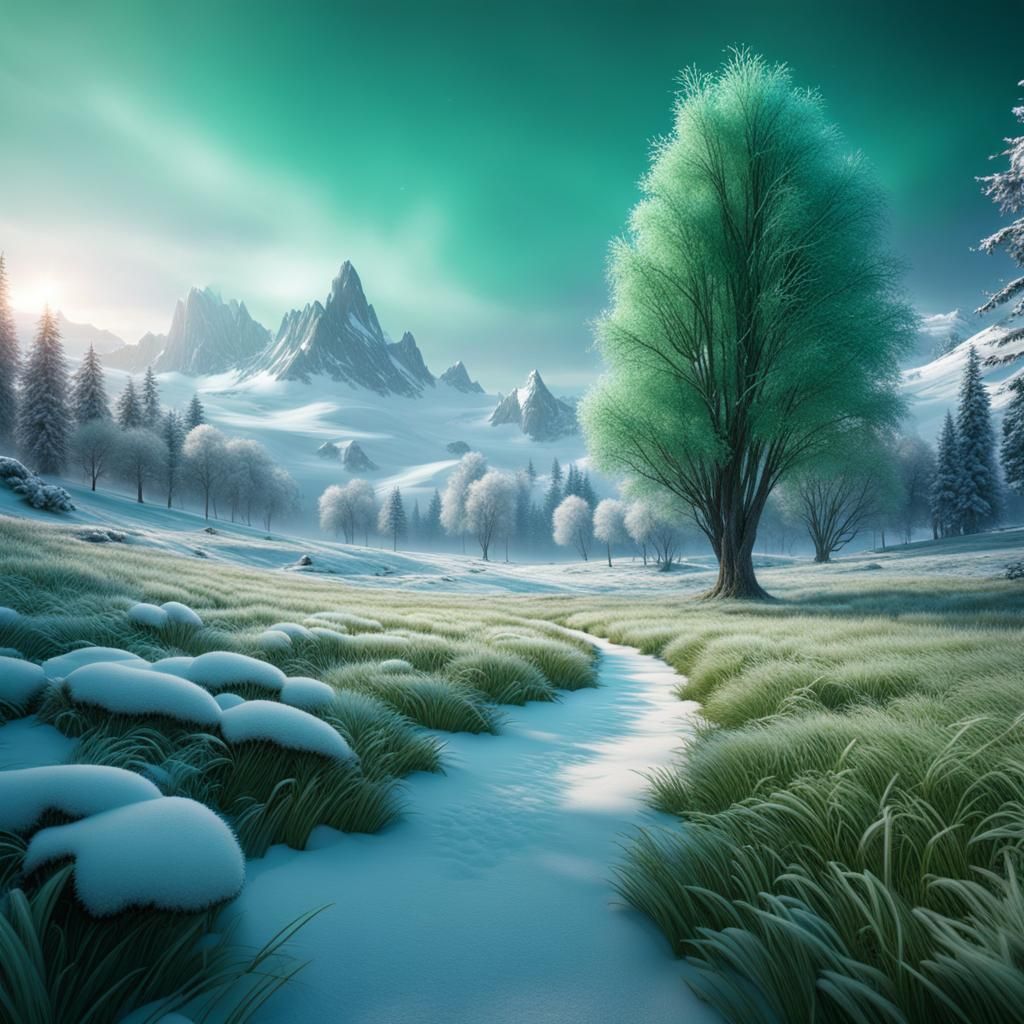frosty green grass in a beautiful winter landscape detailed ...