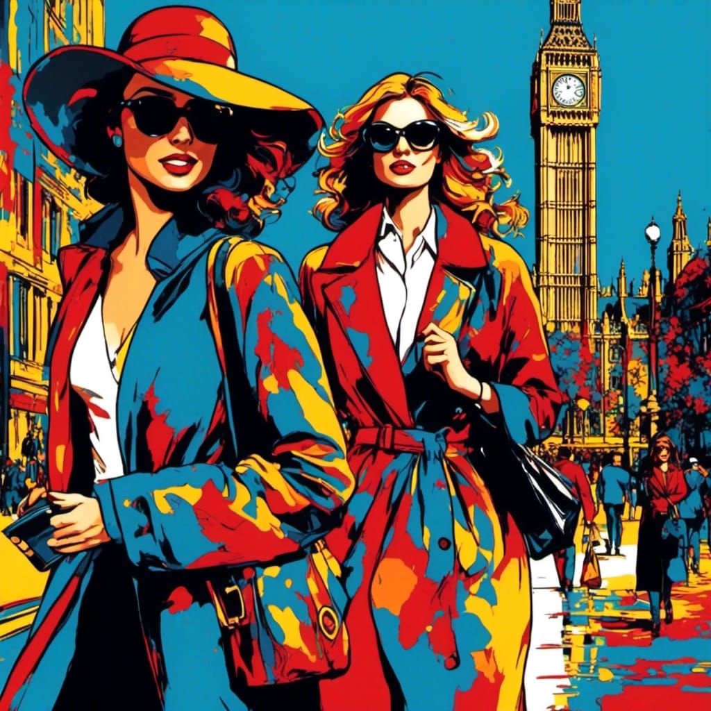 <lora:Pop Art style:1.0> "woman walking in london near the  big ben, Pop art style by Peter Max"