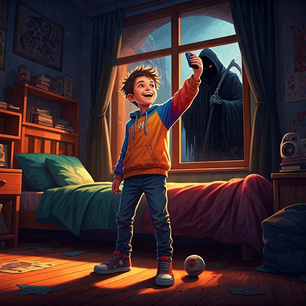 A kid taking a selfie in his room while the grim reaper is looking in his window in the background ...  by @Jhonens mama