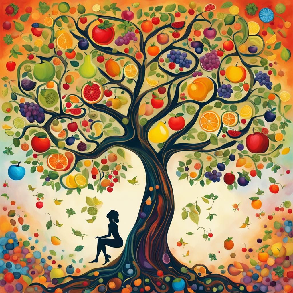 Tree that has a shape of woman, tree of life, many colors, f...