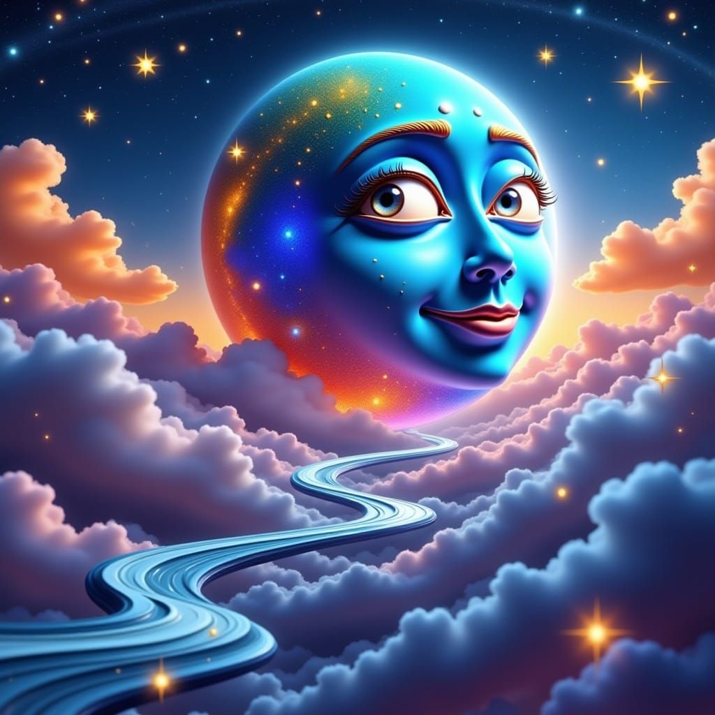 A shining, shimmering, luminous, beaming anthropomorphic planet with a smiling face, wide eyes, and rings, surreal, whimsical, magical, 3D H...