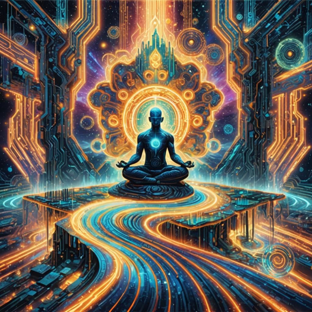 A blue figure of a meditating man with an energy center. A c...