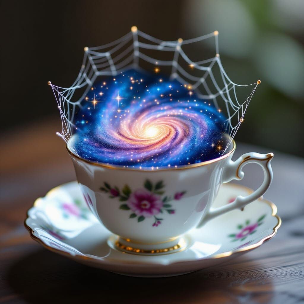 A delicate, porcelain teacup filled not with tea, but with a miniature, swirling galaxy of stardust and nebulae, all contained within a frag...