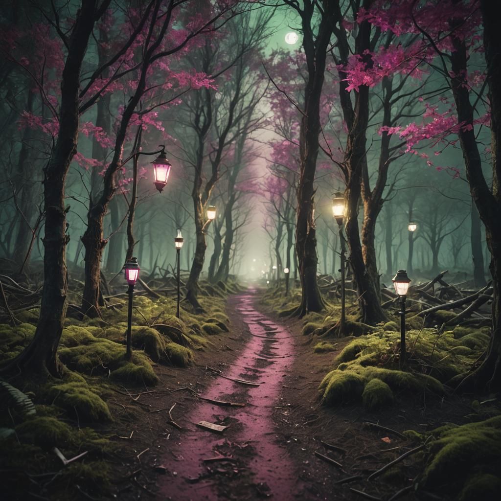 “A moonlit forest path illuminated by Coleman 
lanterns.” dy...