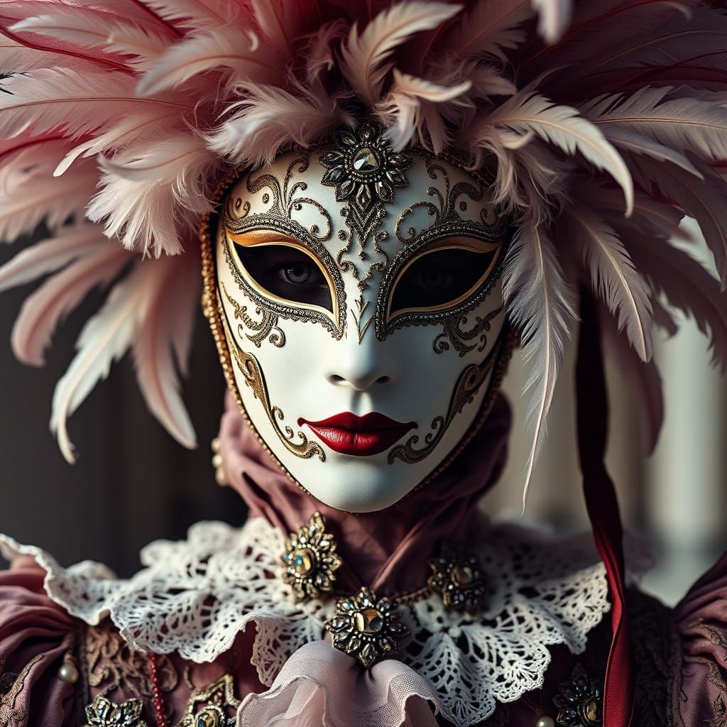 Masked Venetian Performer in Chiaroscuro Lighting