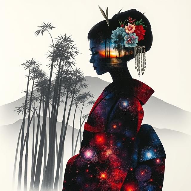 [Ancient Bamboo forest] inside the silhouette of a breathtakingly beautiful geisha, her kimono adorned with intricate pa...