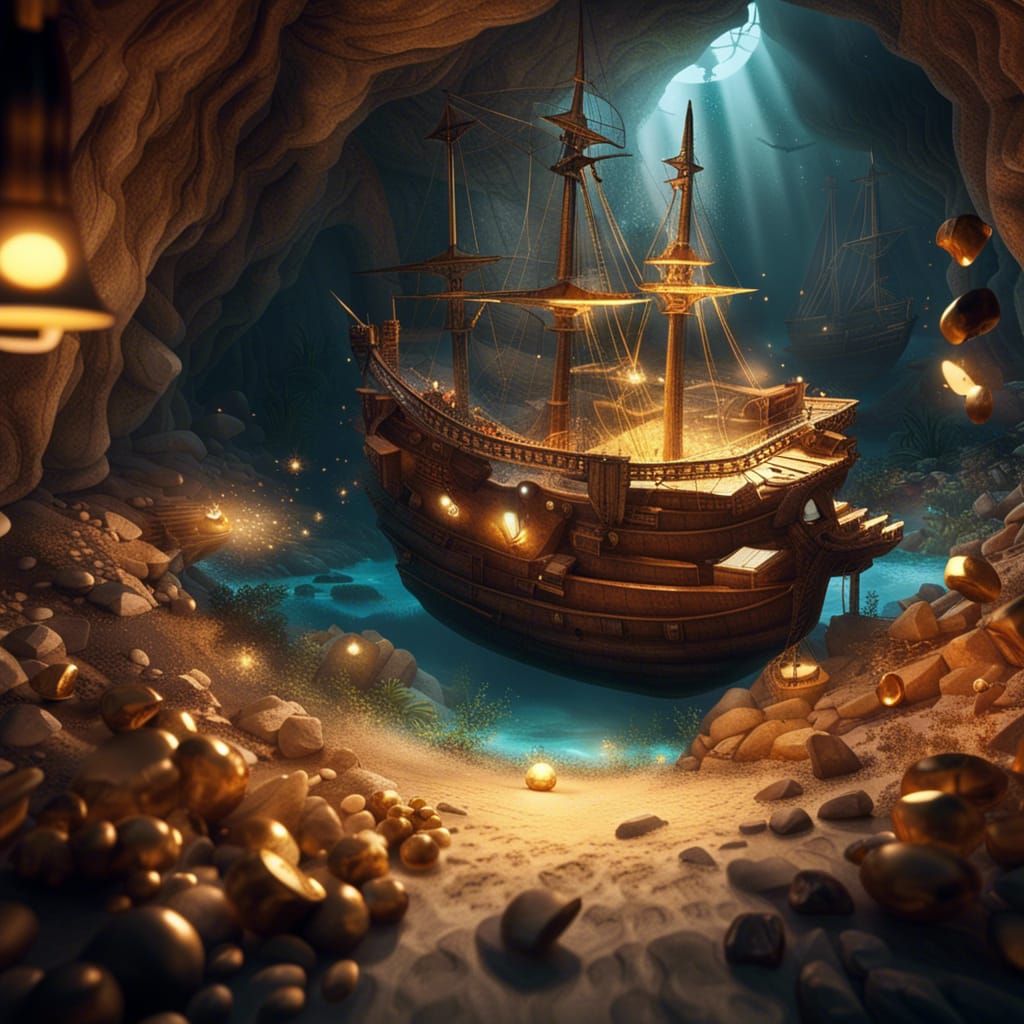 View inside a cave filled with treasure, gold coins, gems an...