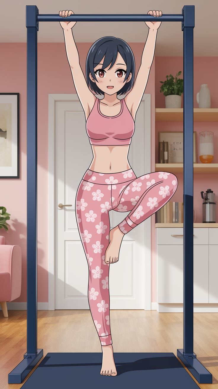 Anime Woman in Sakura Yoga Outfit Doing Pull-up