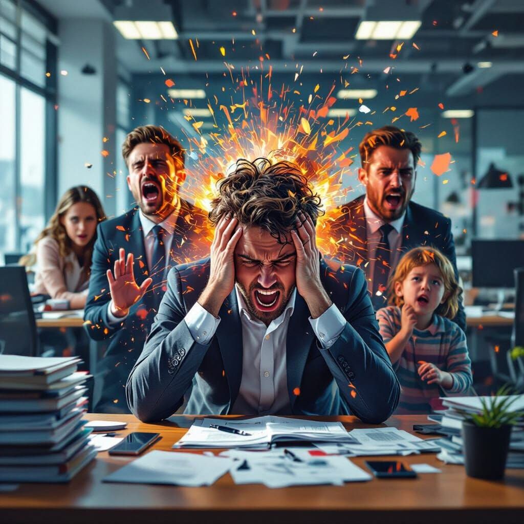 double exposure surreal 
office setting
People yelling at you, demanding
desk stacked up with work
Holding your head, headache
wife mad
kids...