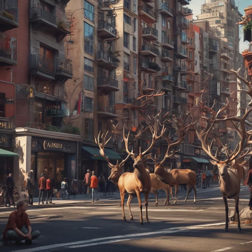 Modern cityscape with people casually sporting antlers, blen...