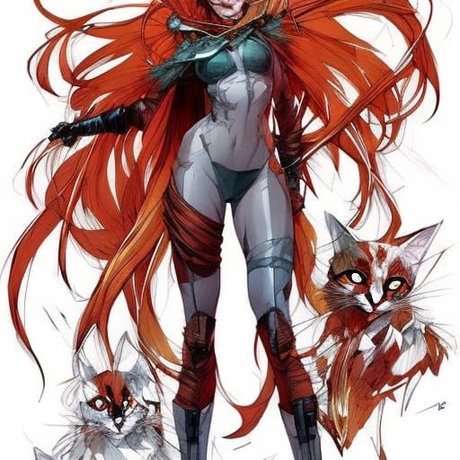 A cute cat girl; red hair, cat ears ;full body portrait by C...