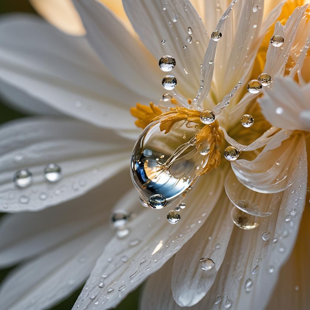 Sunlit Water Droplet on Flower: Macro Photography