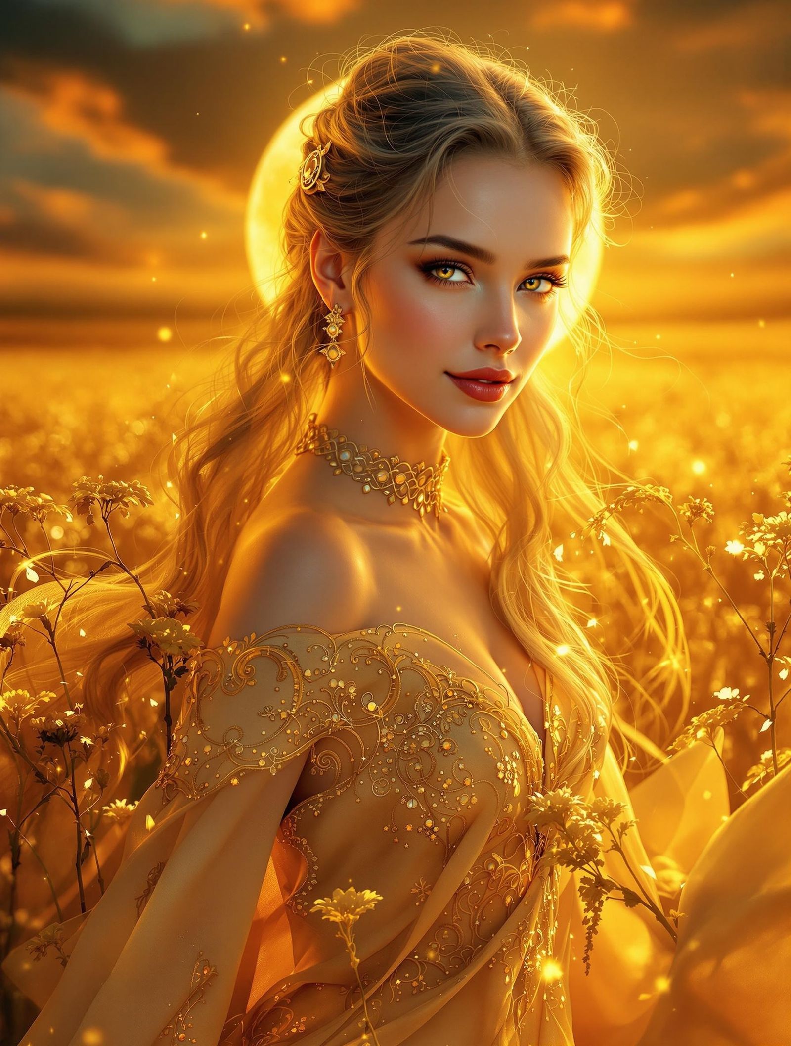 A woman  amidst a sea of swaying, sun-kissed fields of gold