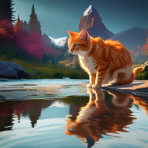 Cat looking in the water (sorry if it's a little blurry I had to duplicate it from my original image))  by @Meara Saunders