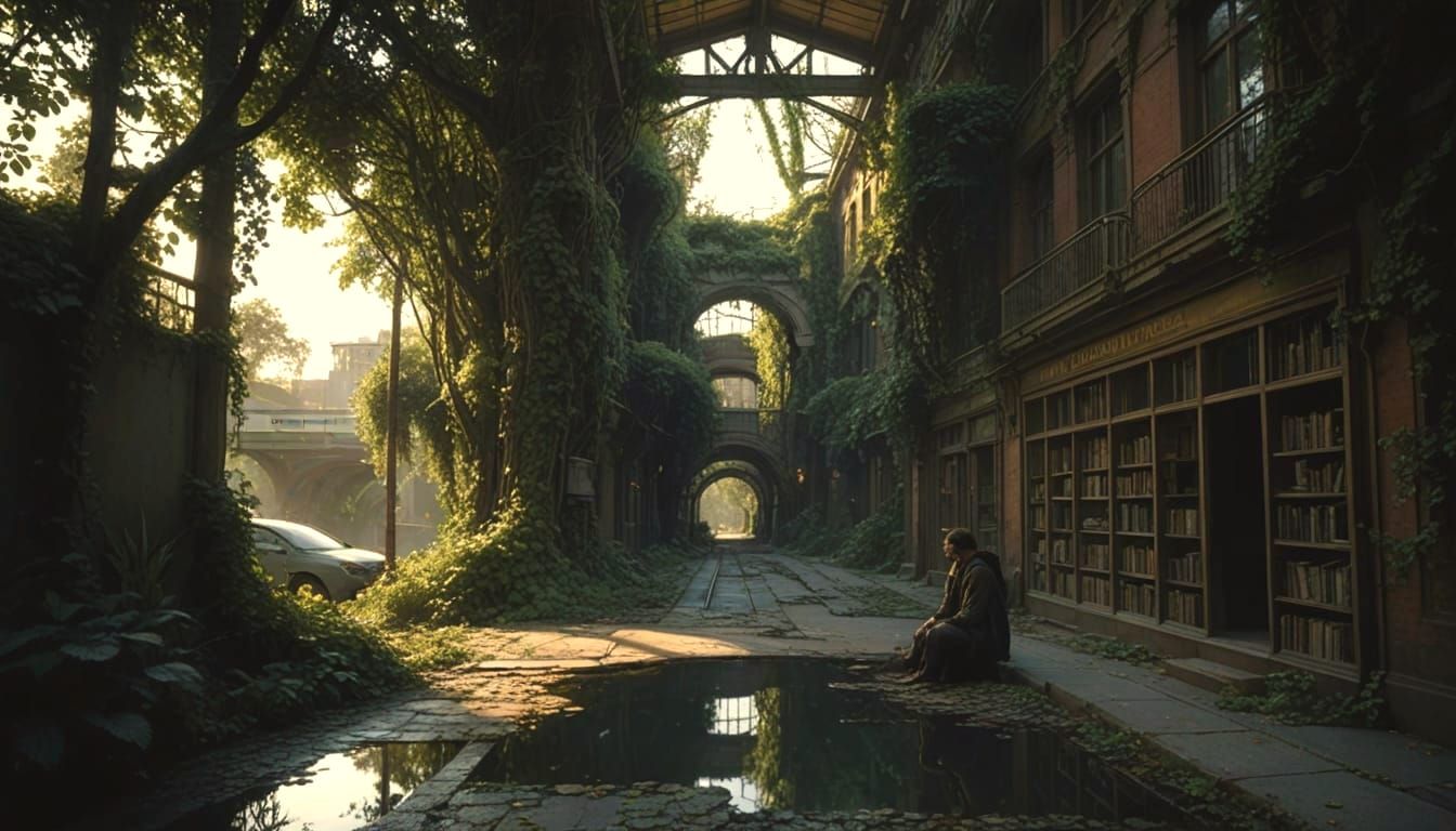 A quiet street swallowed by vines, glowing with soft morning light, where nature has grown undisturbed for decades. A lone traveler resting ...