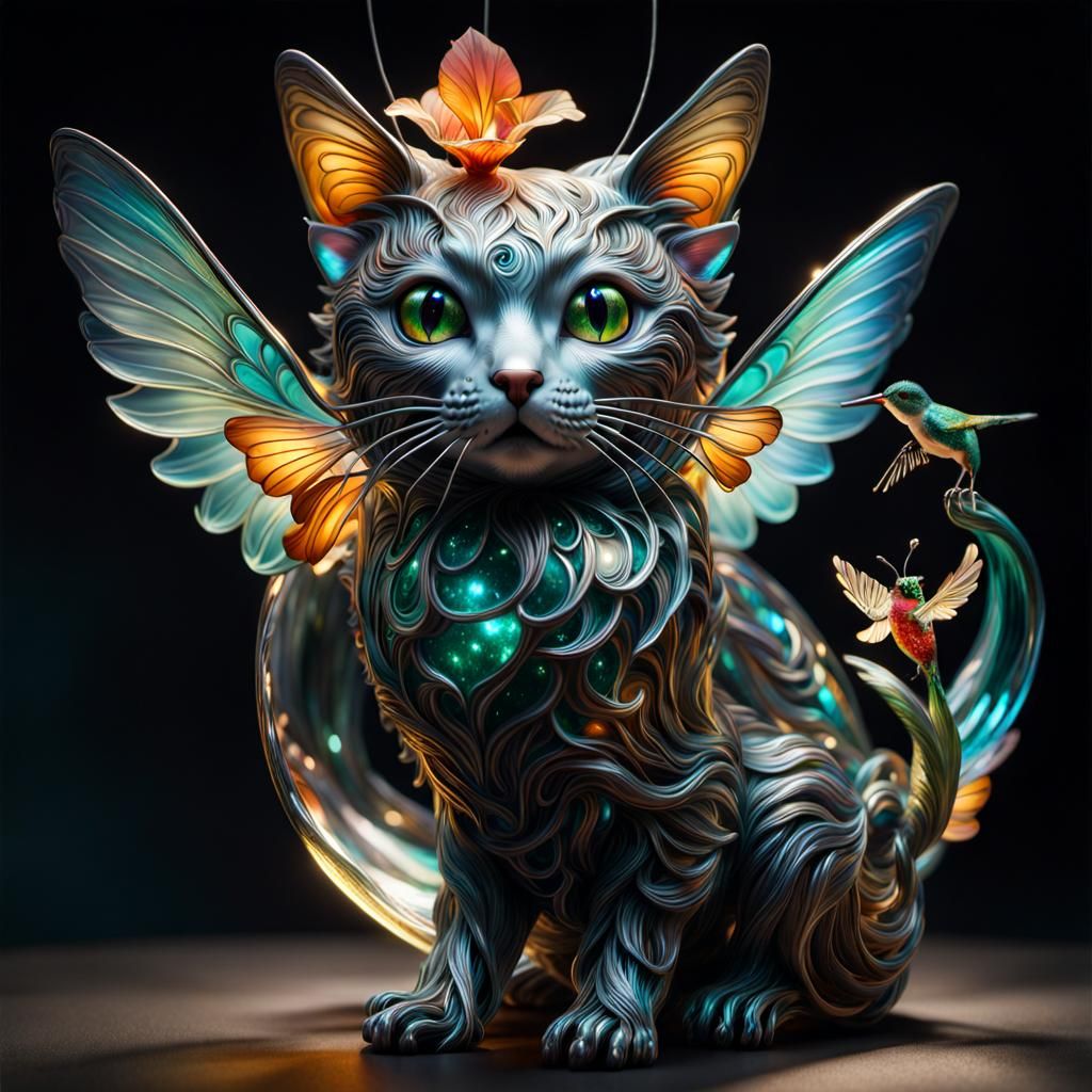 Illuminated Glass Cat Captures Hummingbird: Fantasy Artwork