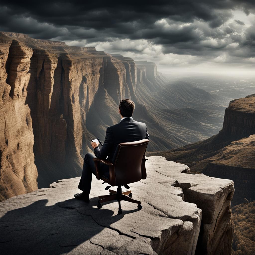 A single man sitting behind a desk, at the edge of a cliff - AI ...