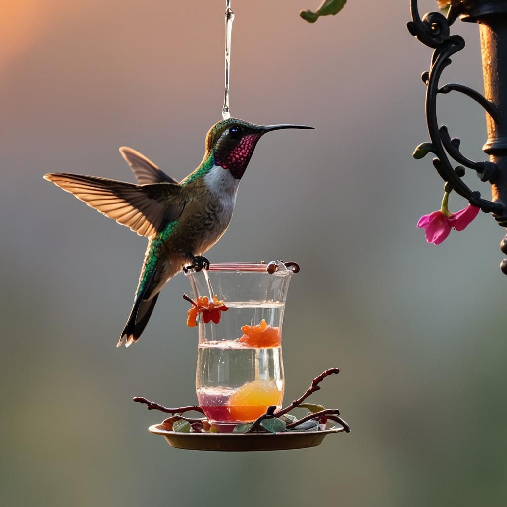 A close up of a hummingbird full and  rightly coloured drink...