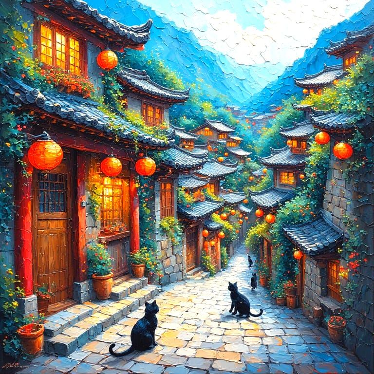 Black cats in countryside town