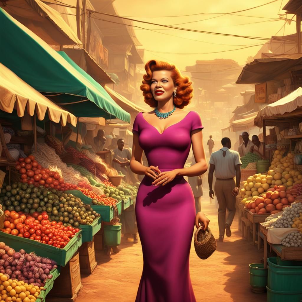 Rita Hayworth in a tight fitting dress visits a market in Ac...