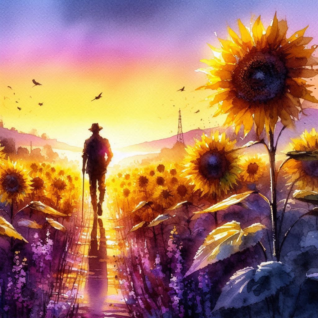 Sunflowers field at sunset