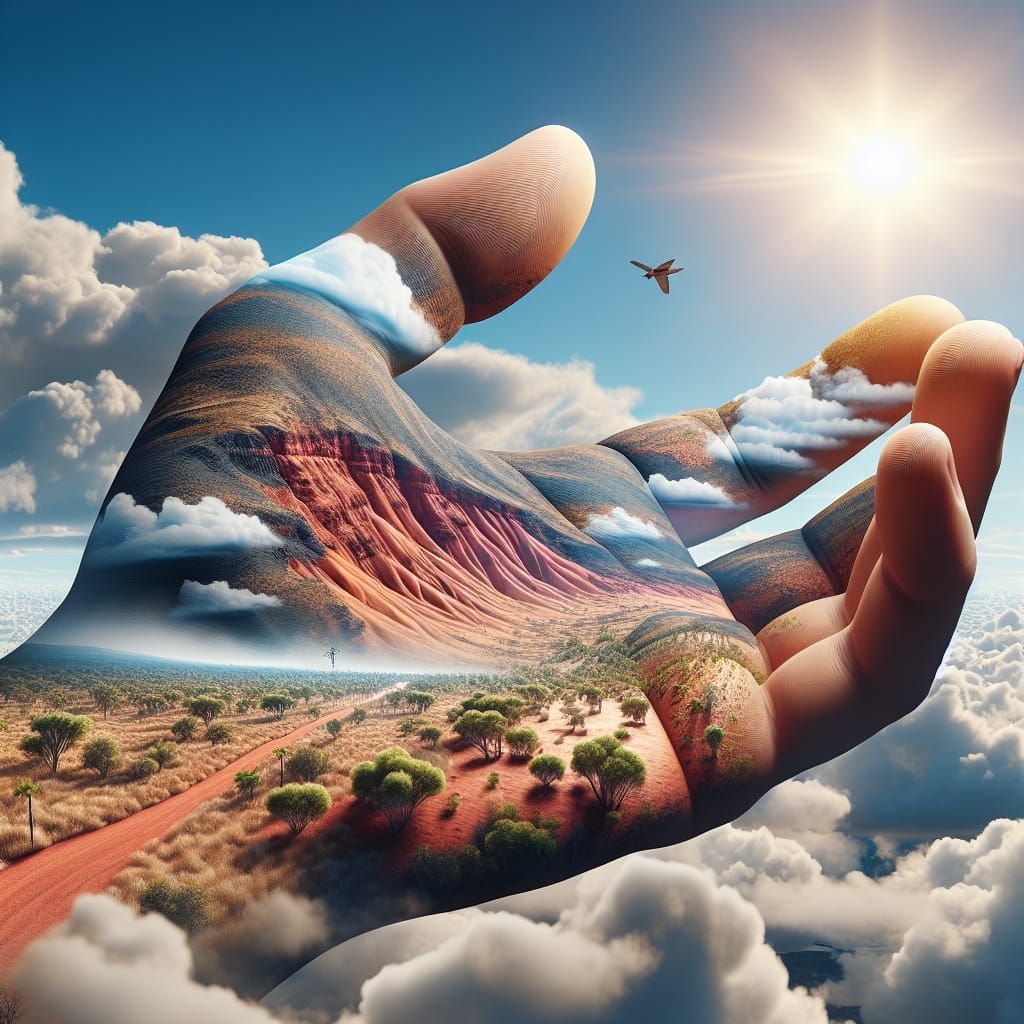 A huge, gigantic hand with the Australian outback