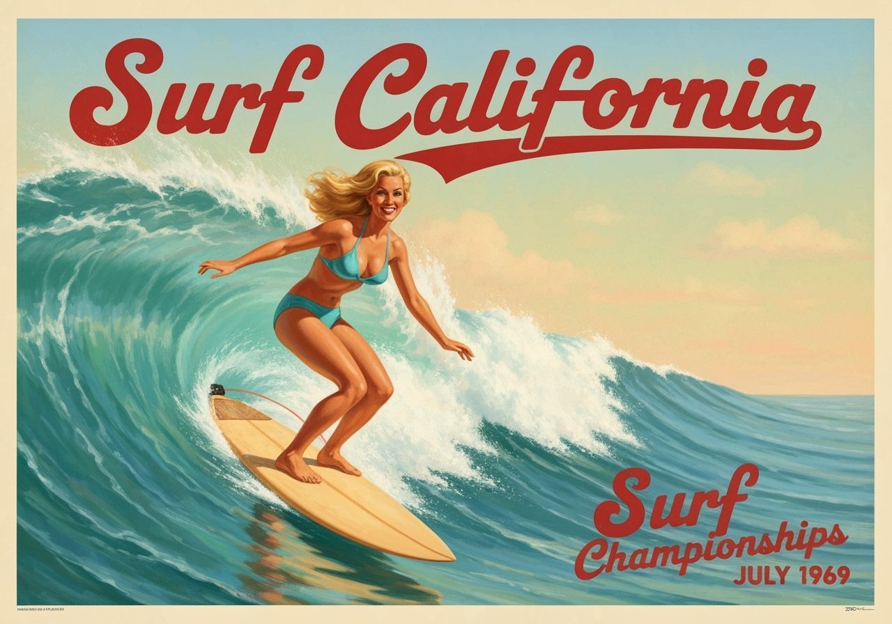 "A vibrant vintage retro surf poster in a 1960s pin-up art style. A very detailed blonde woman in a turquoise ...  by @FluffWuff