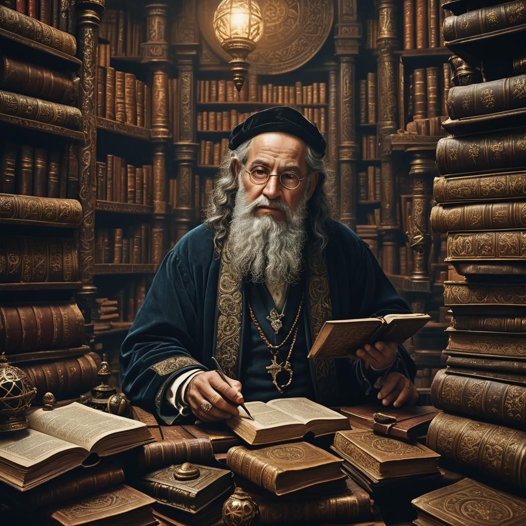 Dreamlike Painting of Jewish Scholar in Ornate Study