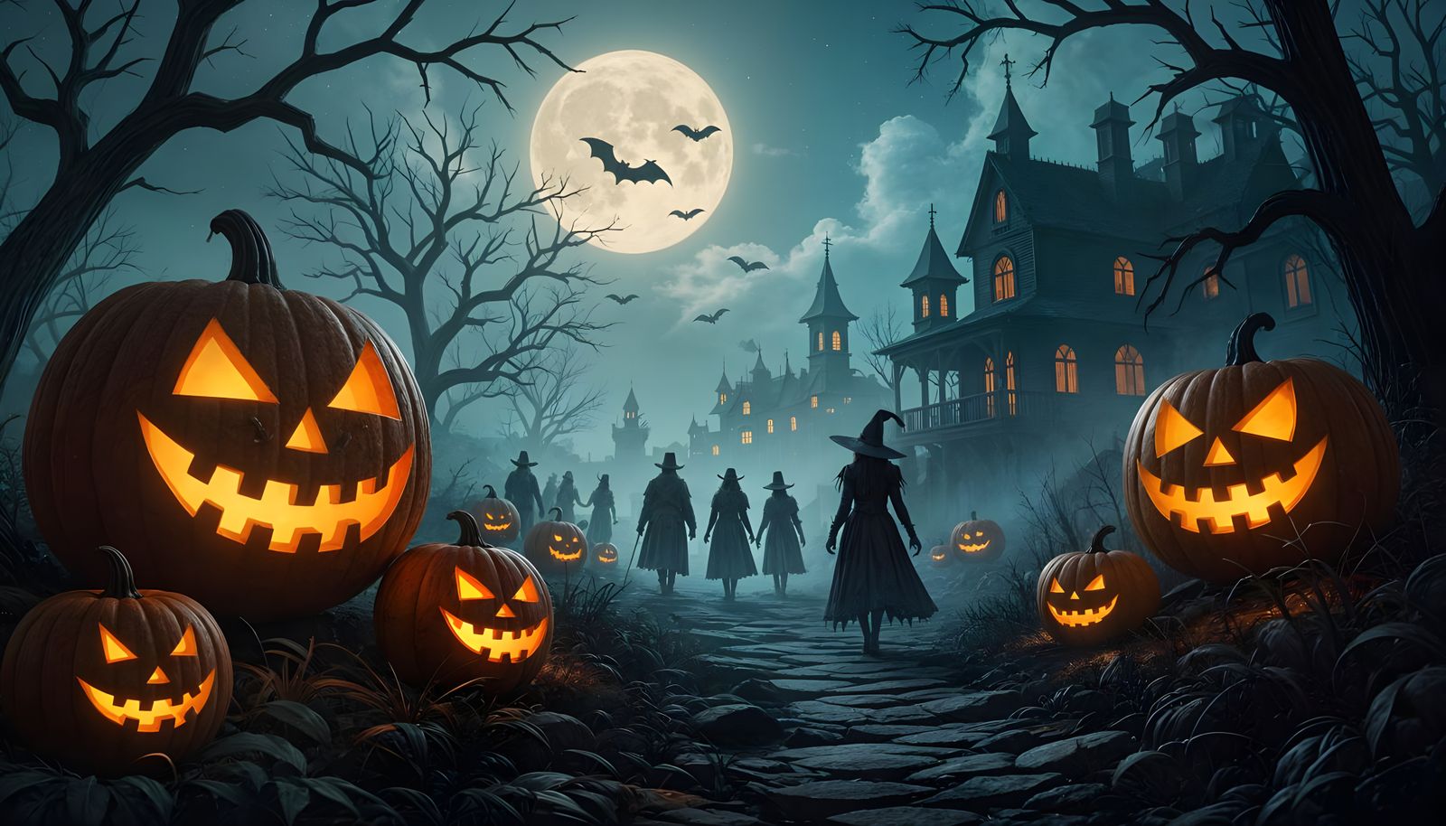 Spooky Halloween scene with creepy shadowed figures walking around.  by @grescokit