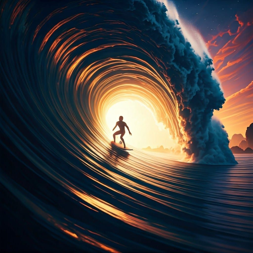 Surfer Tames Colossal Glowing Wave: Fantasy Concept Art