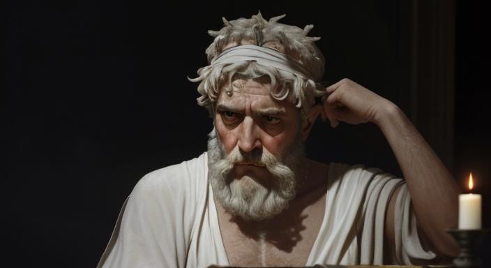 IN A DARK CANDLELIT ROOM wearing a long white toga is an ELD...