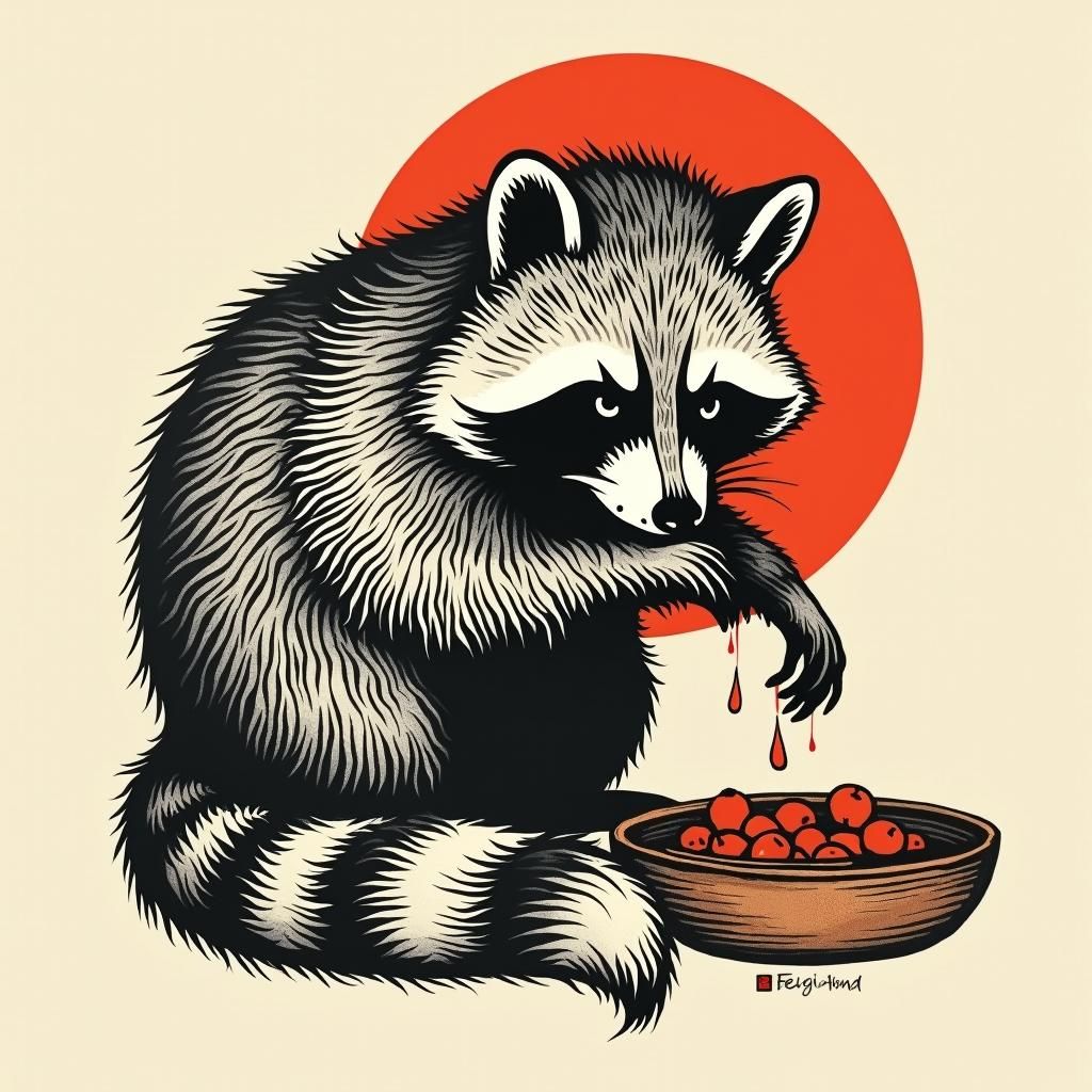 japanese woodcut inspired raccoon washing his food. tattoo. ...