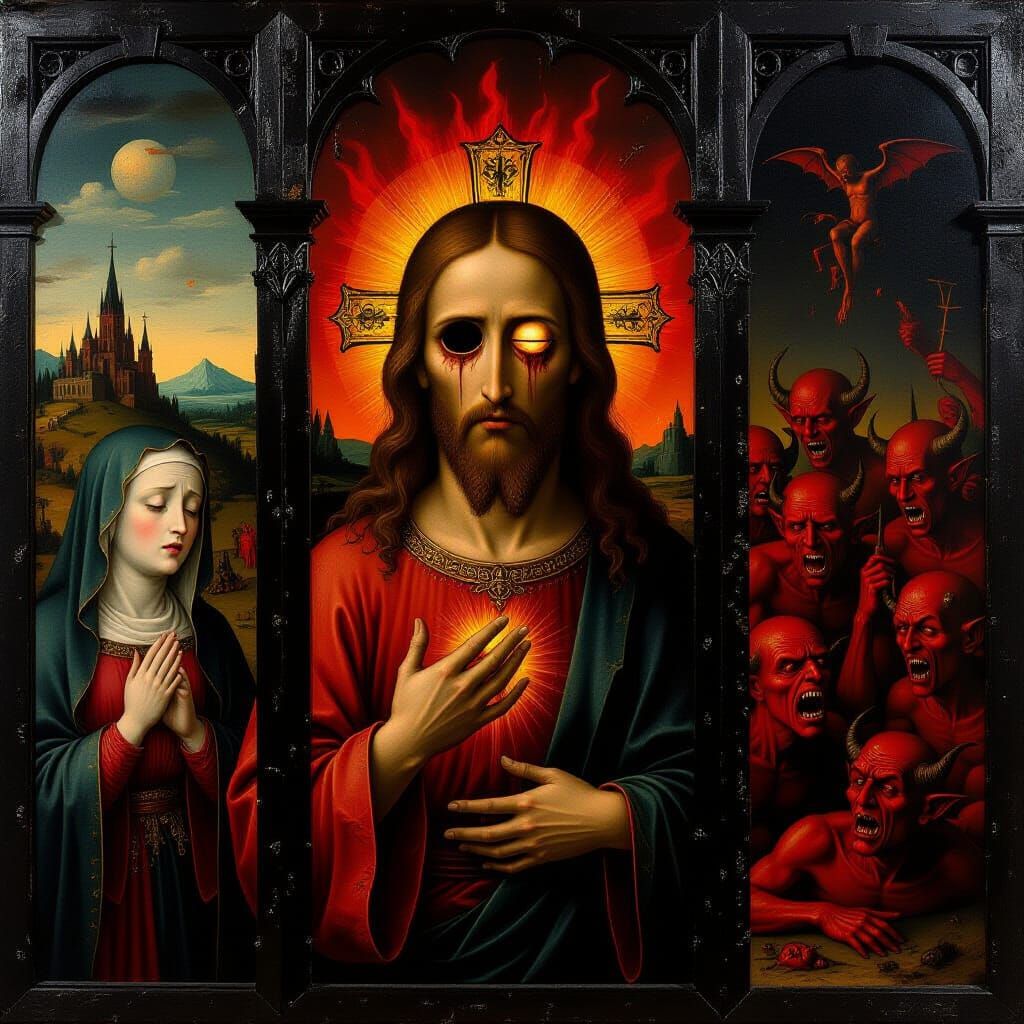 Hellish Triptych of Suffering in Bosch Style