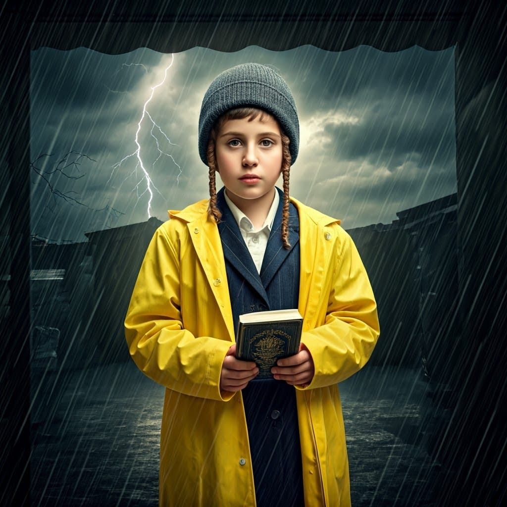 Chassidic Boy in Rainy Winter Portrait