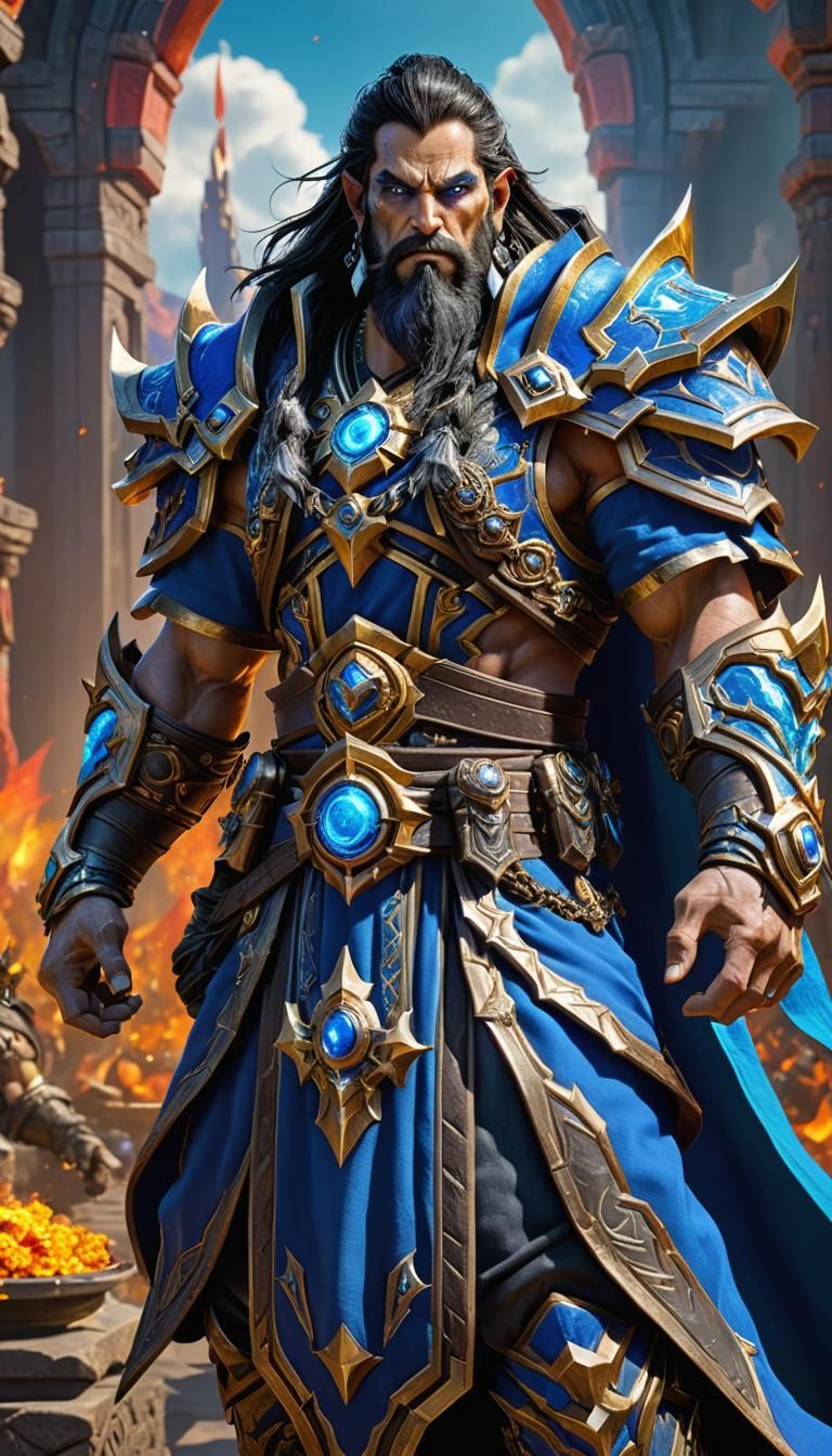 High fantasy epic male Legendary chaos god, shoulder-length dark hair, beard, wearing celestial clothes, bad guy, scenic chaotic background,...