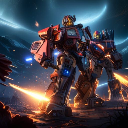 Bumblebee vs Optimus Prime in a fight on Cybertron lit up at...