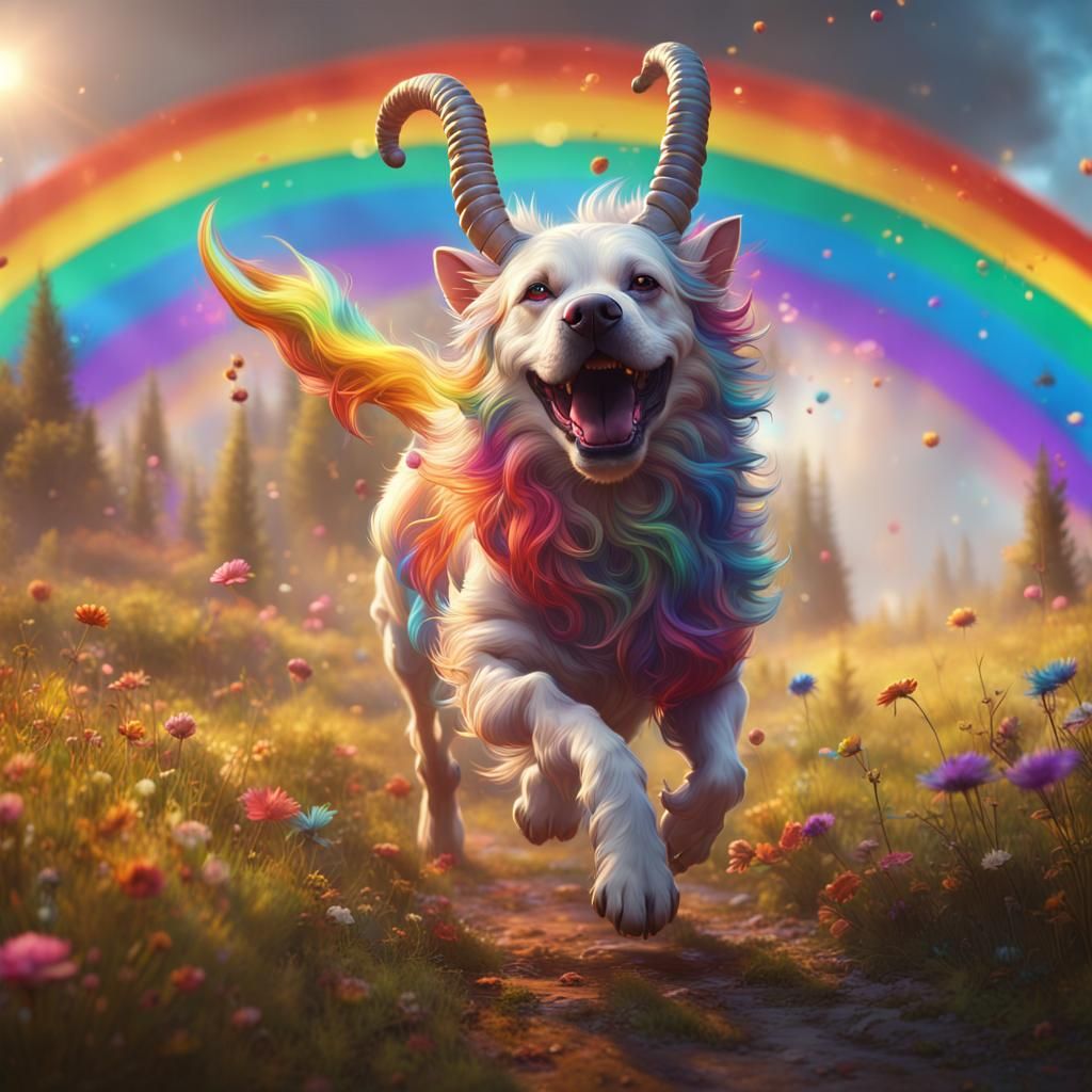 A dog with horns and hooves, bounding across a field of rainbows, its