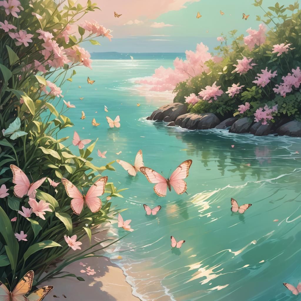 A peaceful island bathed in soft, golden light, surrounded b...