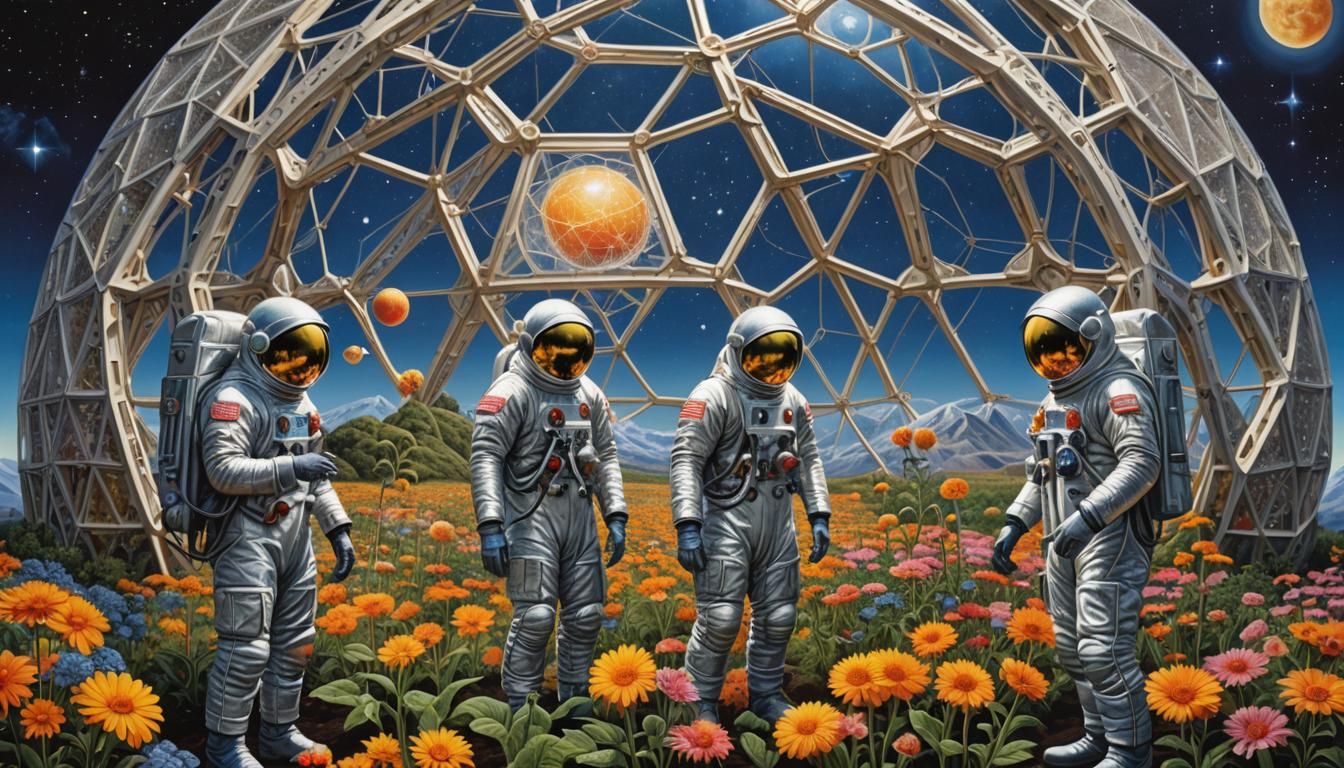 Three men in spacesuits tending to the flowers in a geodesic...