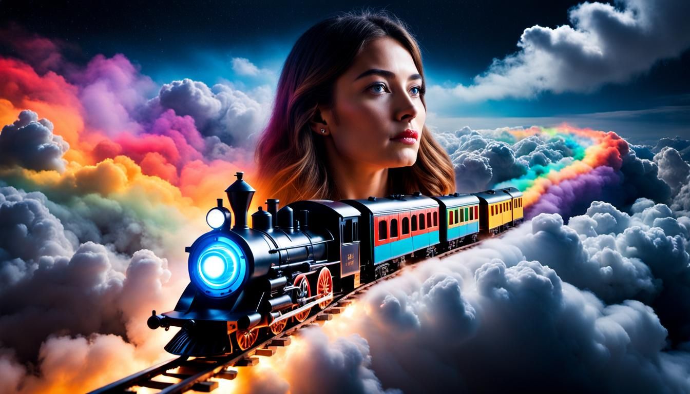 Miniature train and woman's face colorful lights projected, ...