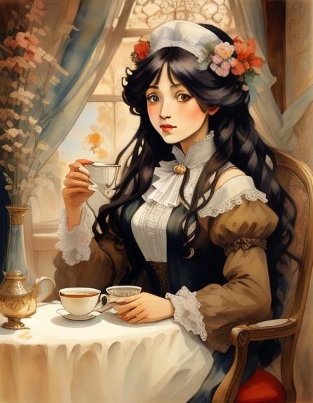 A beautiful German woman drinking coffee, <lora:Art Nouveau:1.0>, perfectly drawn face, watercolor art, art nouveau, Alphonse Mucha