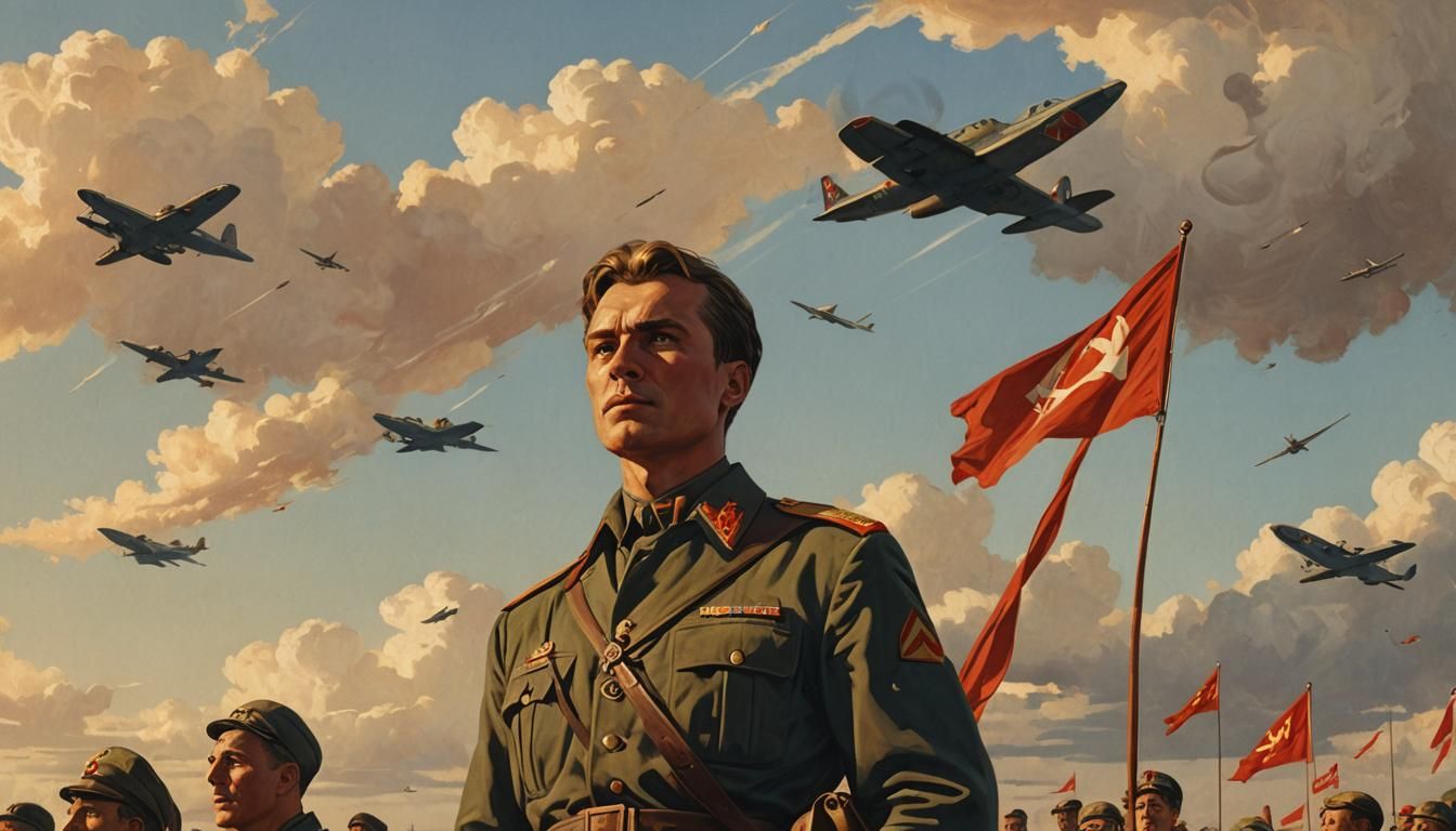 десантник в форме Советского союза на переднем плане на заднем летят самолеты и развивается советское знамя