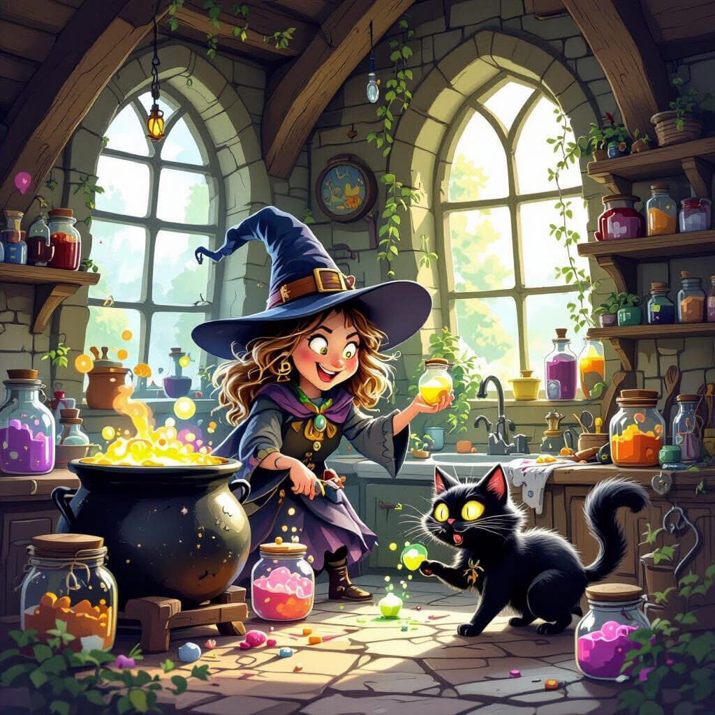A whimsical witch's kitchen, filled with bubbling cauldrons, jars of glowing ingredients, and enchanted utensils that move on their own. Sun...