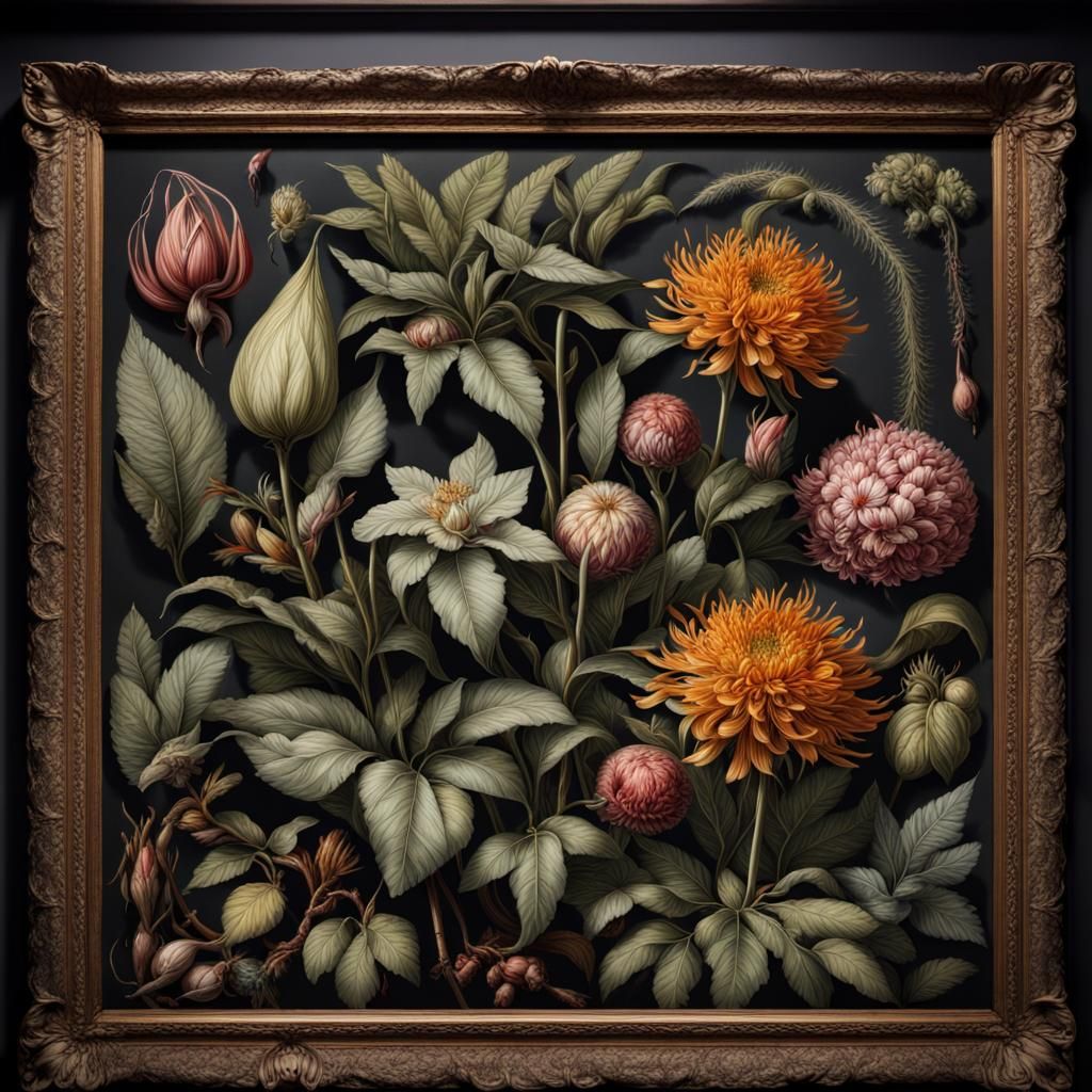 Beautiful framed, highly skilled, botanical ink drawing in a...