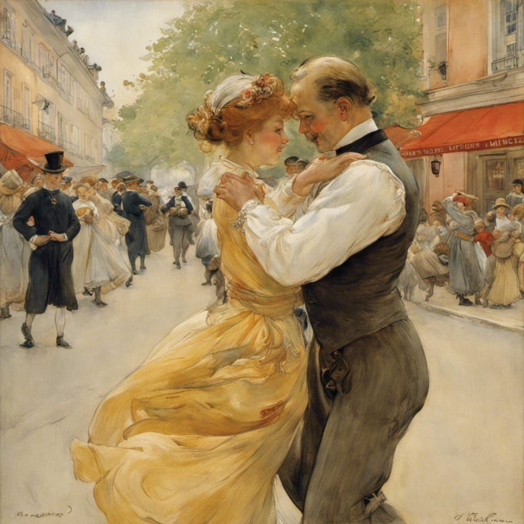 A couple dancing in the street by Carl Larsson; fun, tender, musical