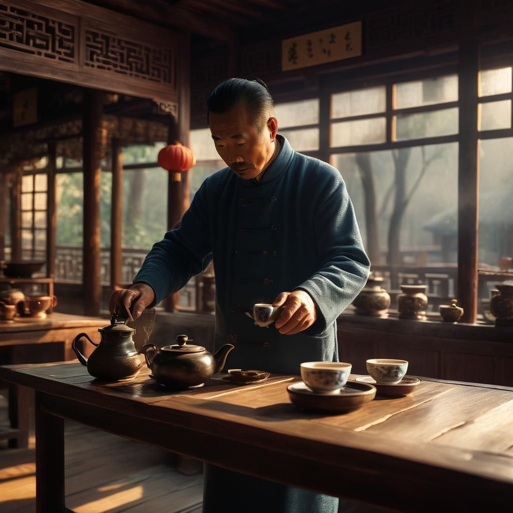 Chinese Teahouse Scene with Man Pouring Tea