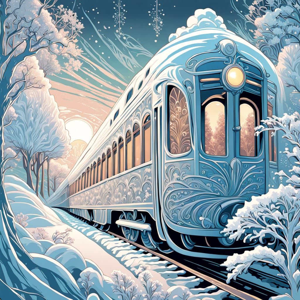 Art Nouveau train glides through a frozen wonderland  by @WildViolet