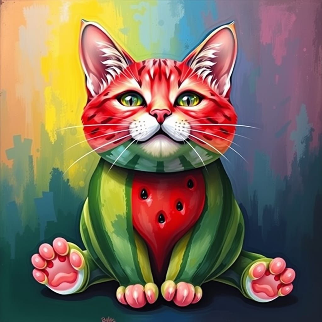 Cat head, watermelon body, paws and tails fusion. Colorful background. Acrylics    by @GrizzMum