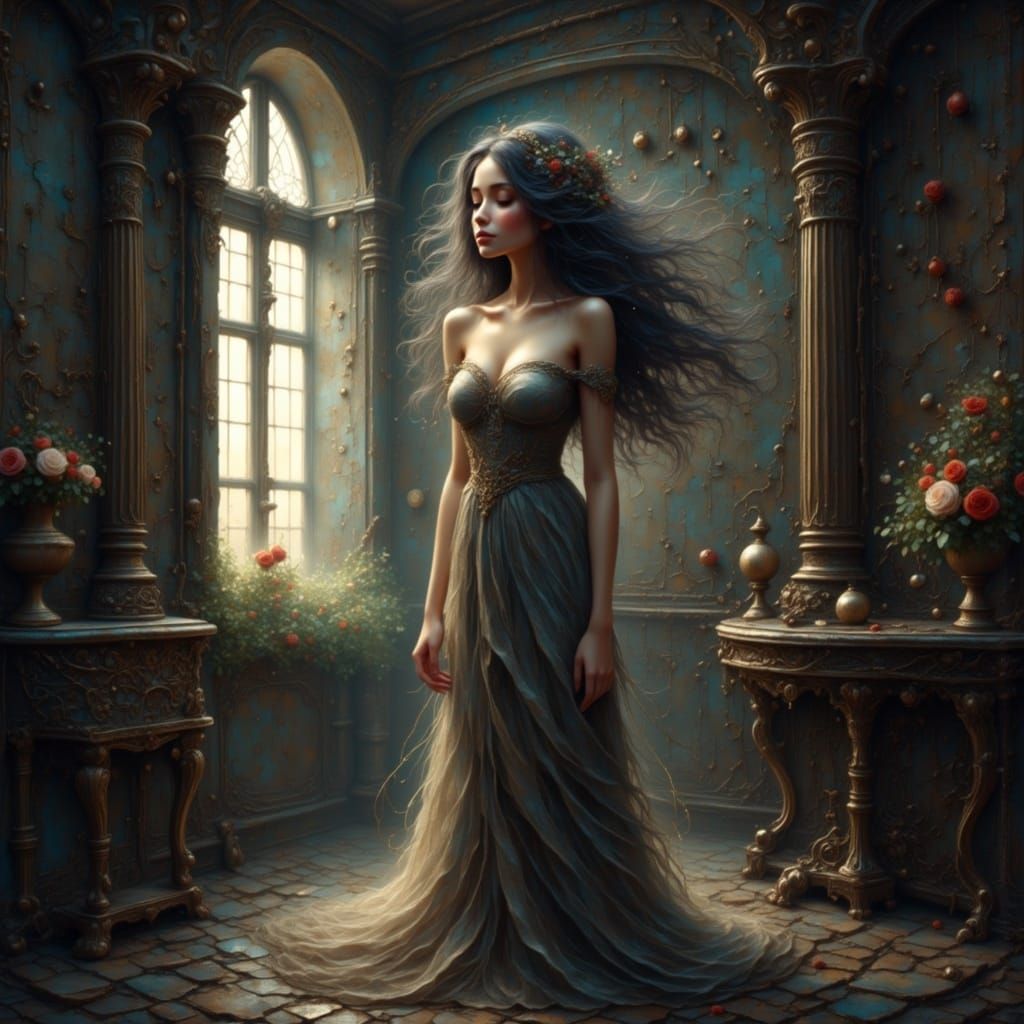 In a dim-lit room, shadows weave and bind
Where echoes of sorrow, a solace they find<lora:Oil Paint Cosmic:1.0> 